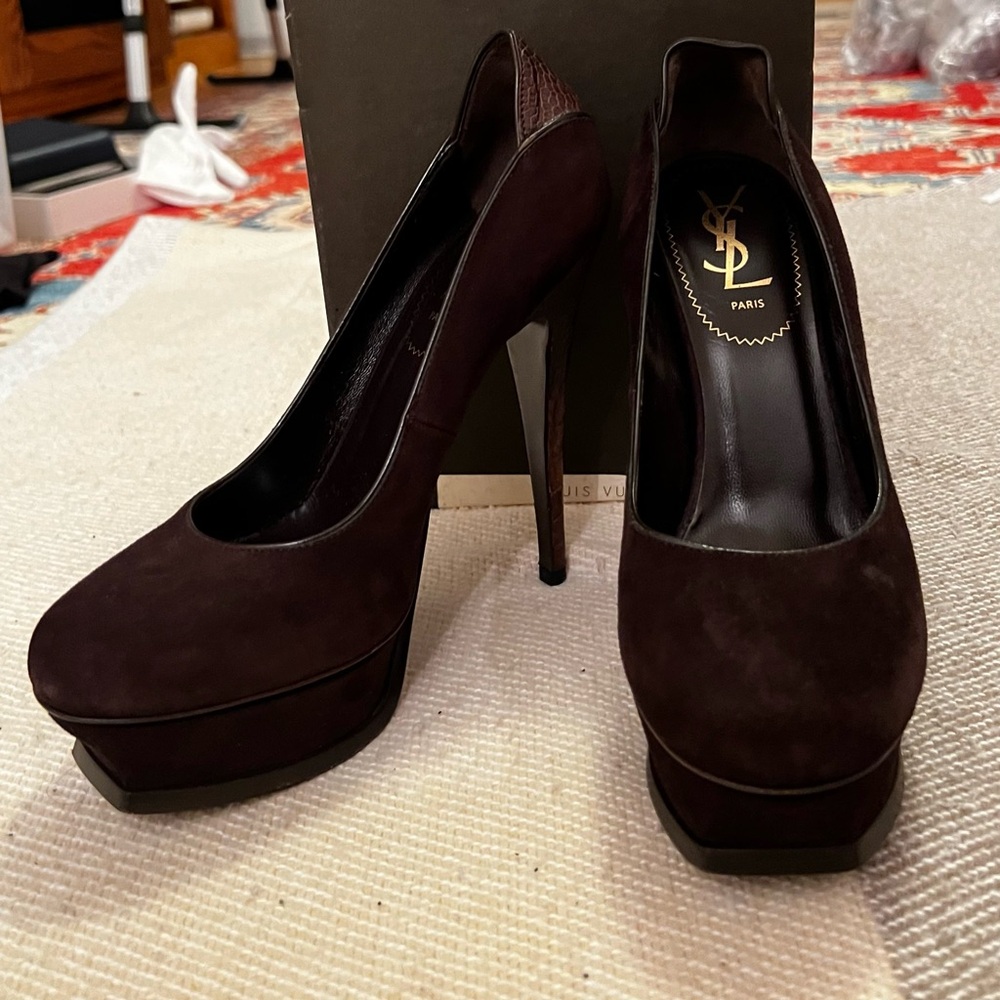 Yves Saint Laurent Dark Brown Suede Platform Heels